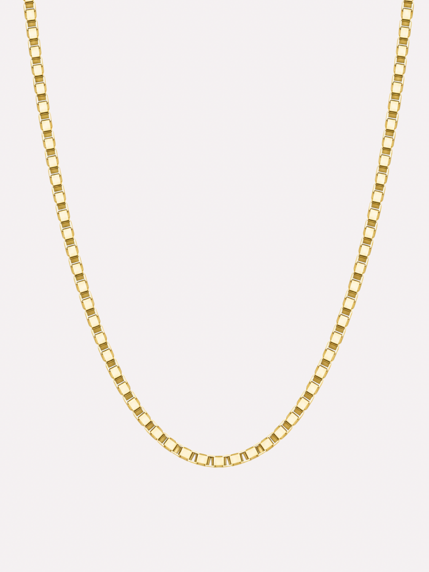 Gold-tone box chain necklace with polished square links and straight connecting edges on a white background