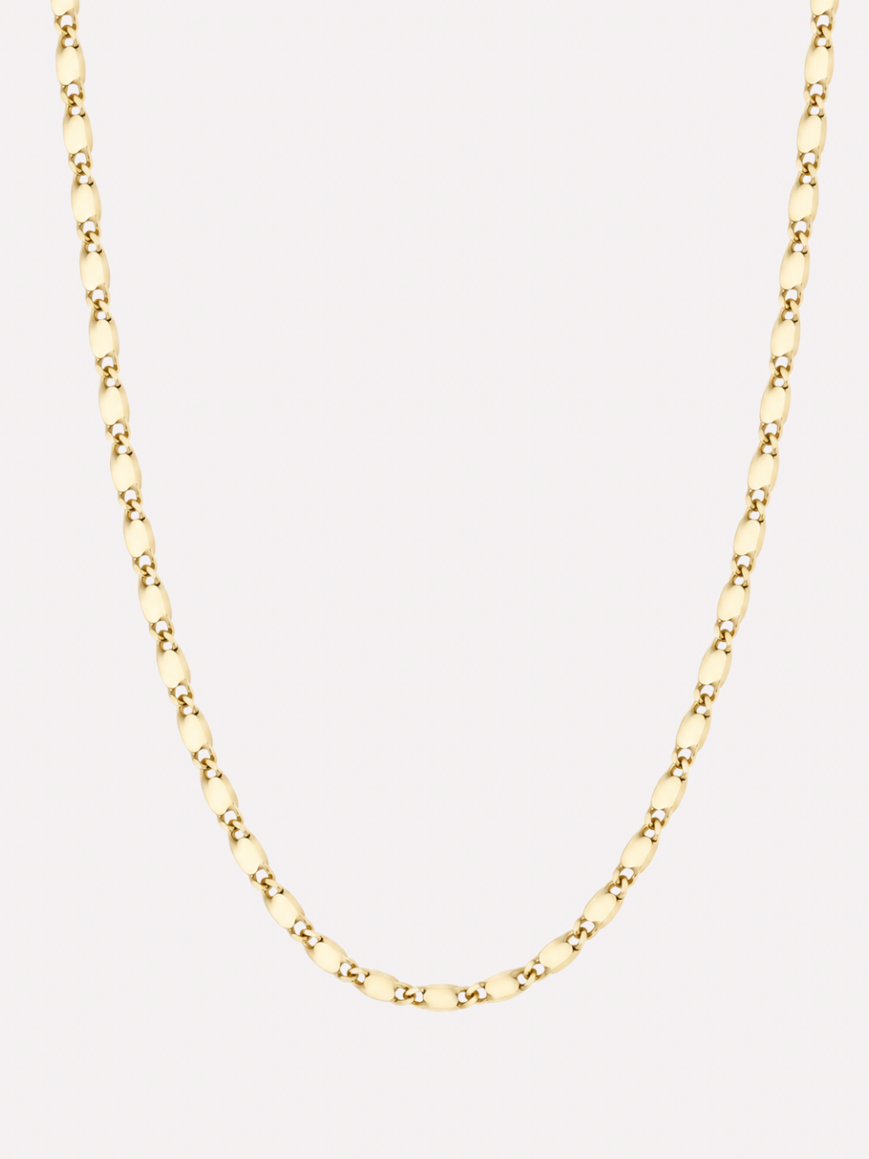 Gold-tone oval link necklace with smooth polished faces and directly interlocking links on a white background