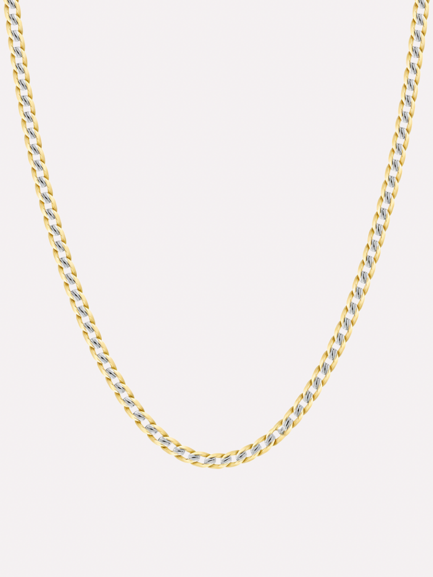 Two-tone necklace with gold-tone edges and silver-tone diamond-cut details on a white background.