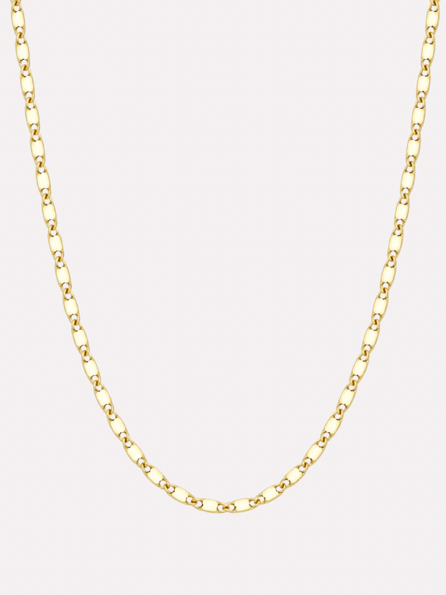 Gold-tone oval link necklace with polished flat faces and directly interlocking open ends on a white background